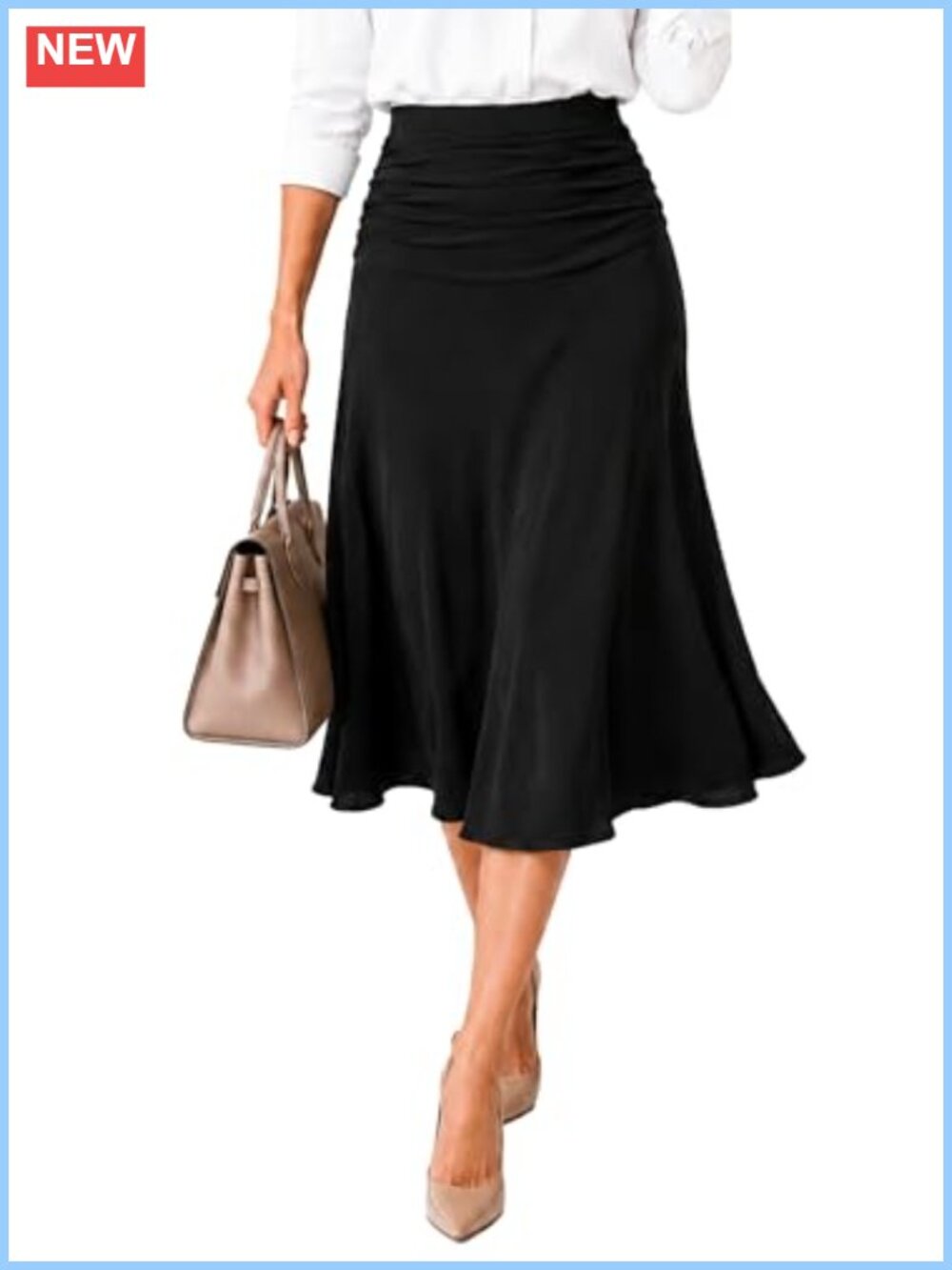 Women's Ruched High Waist Midi A-Line Skirt Lyocell Blend Pull-On